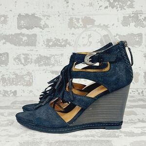 NEW Trask Felicity Fringe Black Suede Wedge Summer Sandals D814